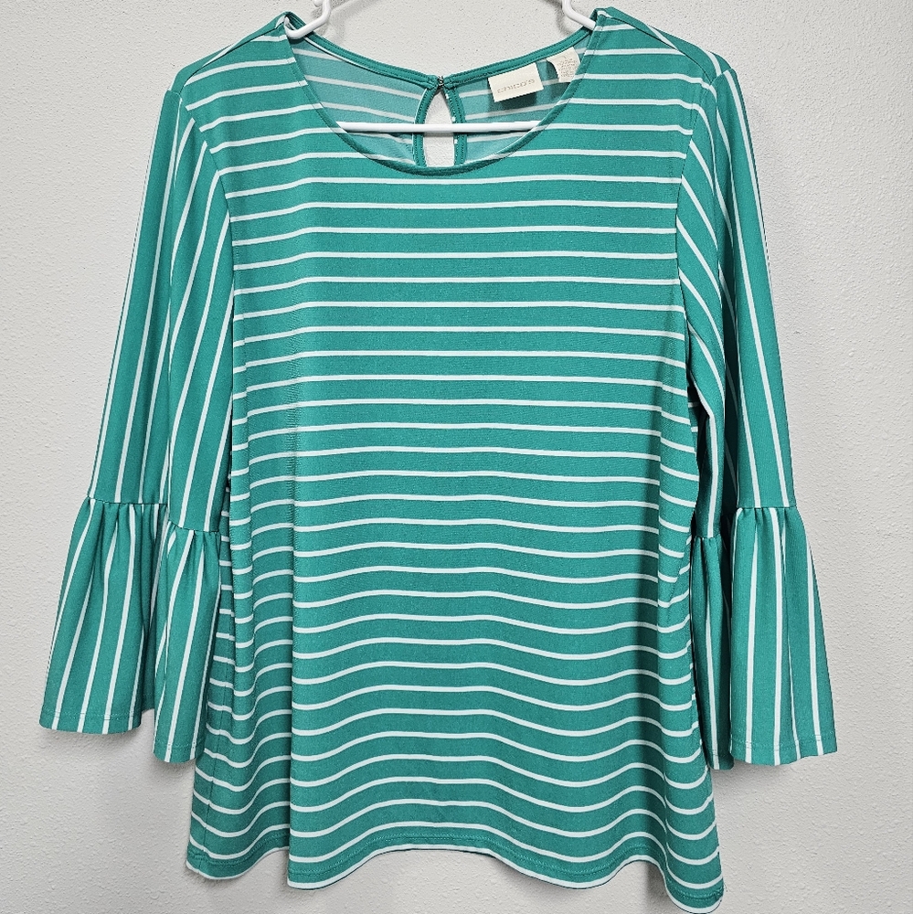 Chico's: Glamour Striped Flutter-Sleeve Top (green & white striped / size 2)